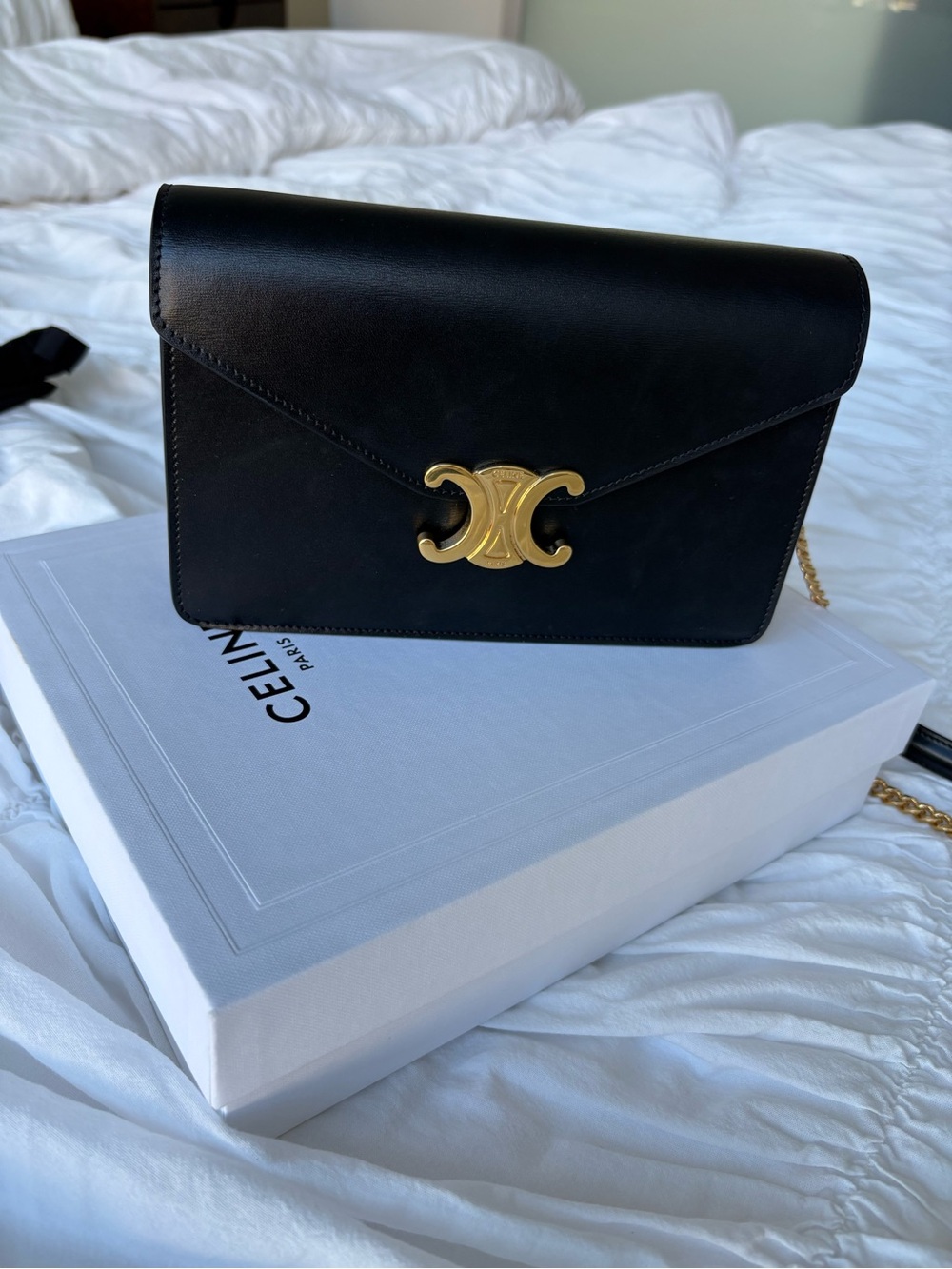 Celine Black Leather Gold Triomphe Wallet on Chain Bag